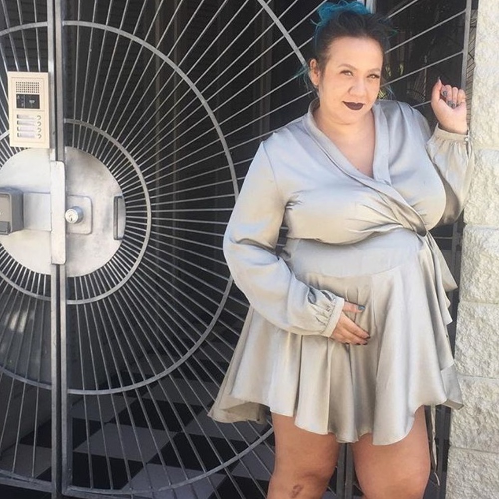 Silver tiered wrap dress. (7 months pregnant here)
